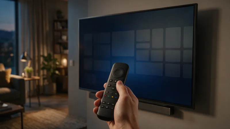 A hand pointing a small streaming remote at a wall-mounted television showing a grid of app tiles