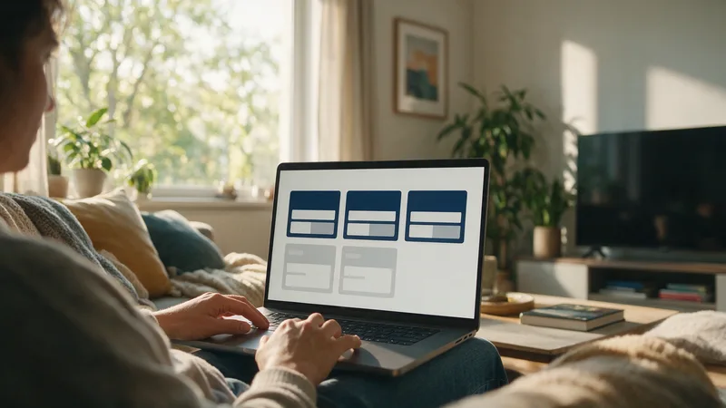 Comparing subscription options on a laptop in a living room, with the television switched off behind
