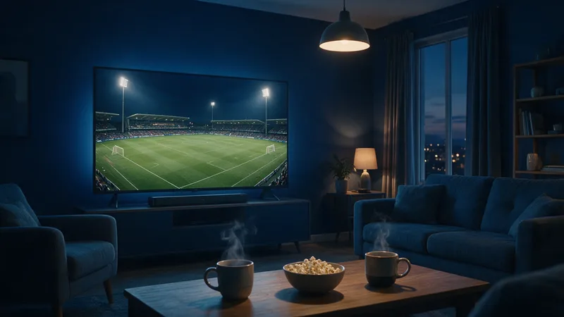 A television showing a floodlit sports pitch from a wide broadcast angle, seen across a coffee table
