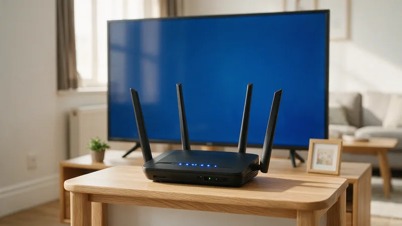 A home wifi router with its status lights lit, a television out of focus behind it