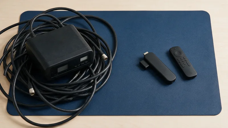 Coaxial cable and a cable box on one side of a desk, a streaming stick and remote on the other