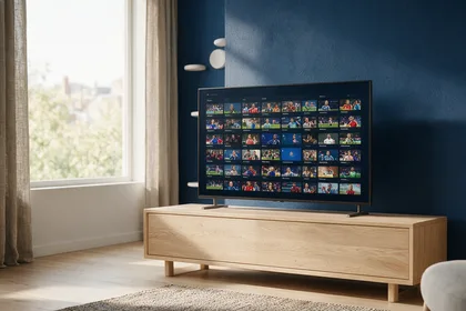 Live channel grid on a television, showing sport, news and entertainment rows side by side